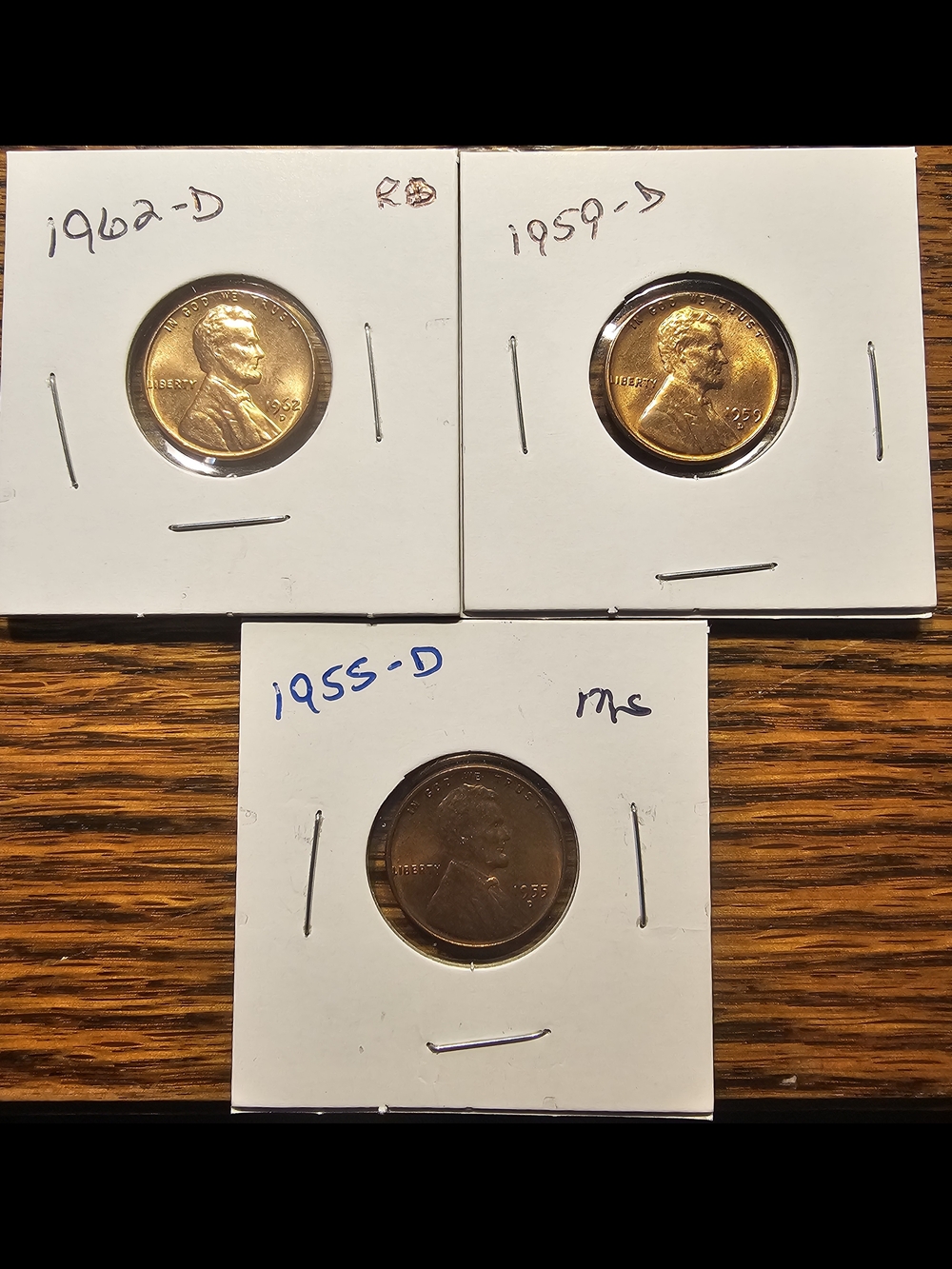 3 Lincoln Pennys,1 1955-D Wheat, 2 Memorials 1962-D,1959-D
